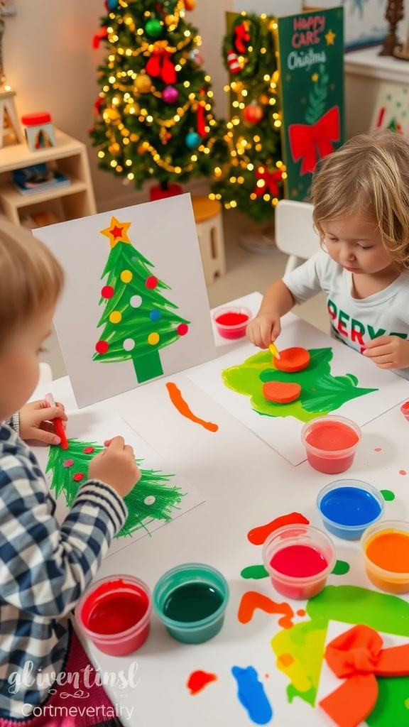 Toddlers painting Christmas art with colorful paints and sponges, surrounded by holiday decorations.